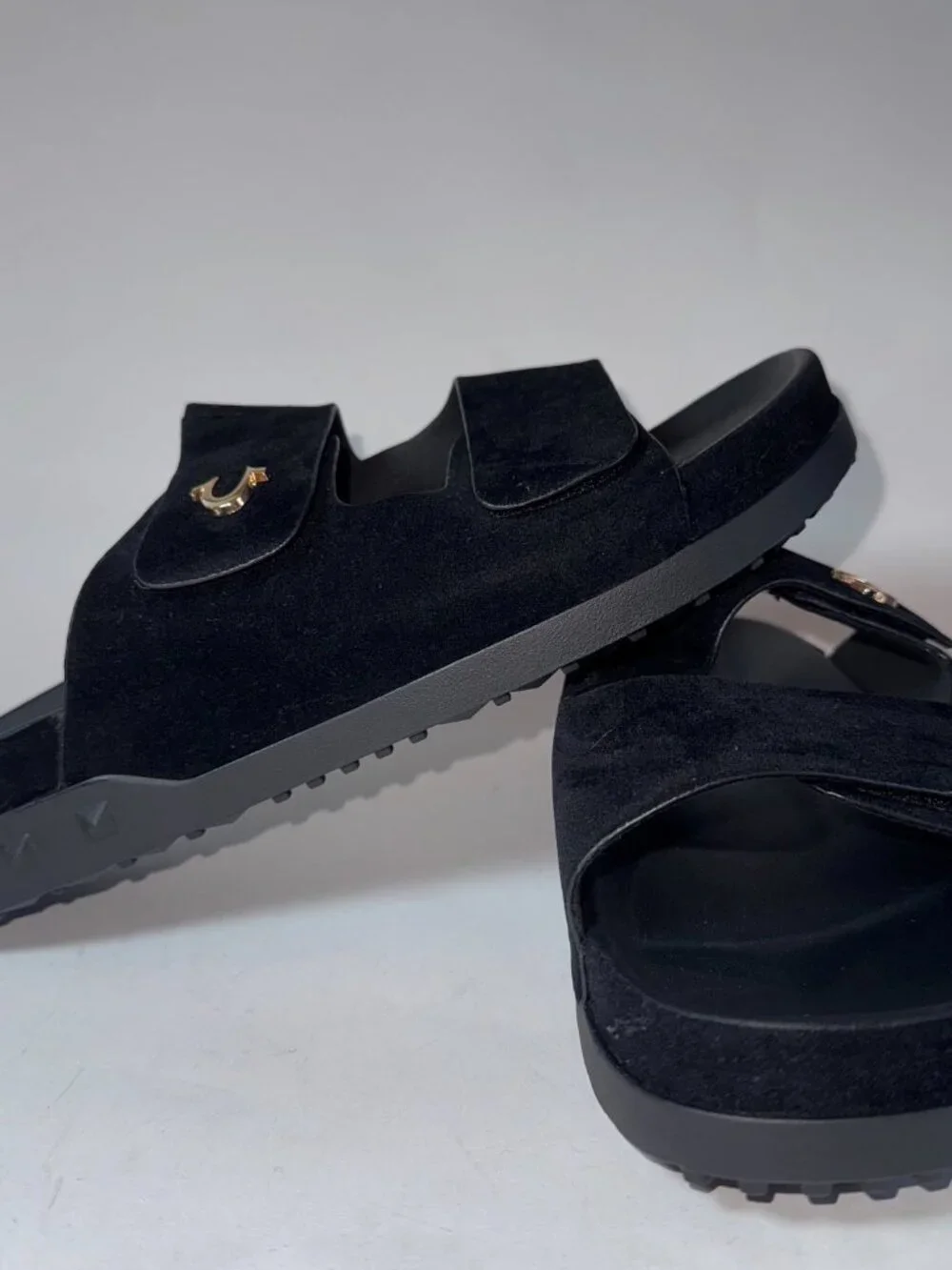 True Religion Men's Sean double-strap sandals in black,metal horseshoe logo hard
